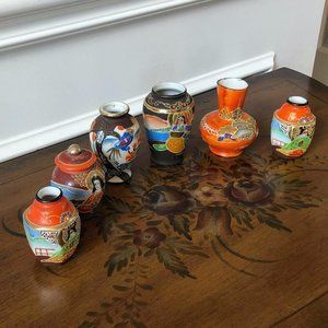 Japanese moriage porcelain hand painted vintage mini vases, lot of 6